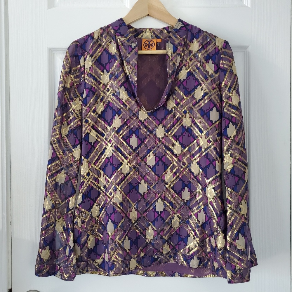 Tory Burch Purple and Gold Hastings Silk Top
